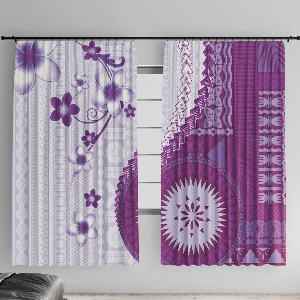 Bula Fiji Window Curtain Violet Plumeria Masi Tapa Pattern LT05 With Hooks Violet - Polynesian Pride