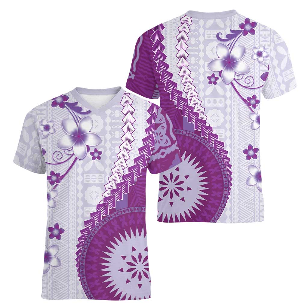 Bula Fiji Women V-Neck T-Shirt Violet Plumeria Masi Tapa Pattern - Polynesian Pride