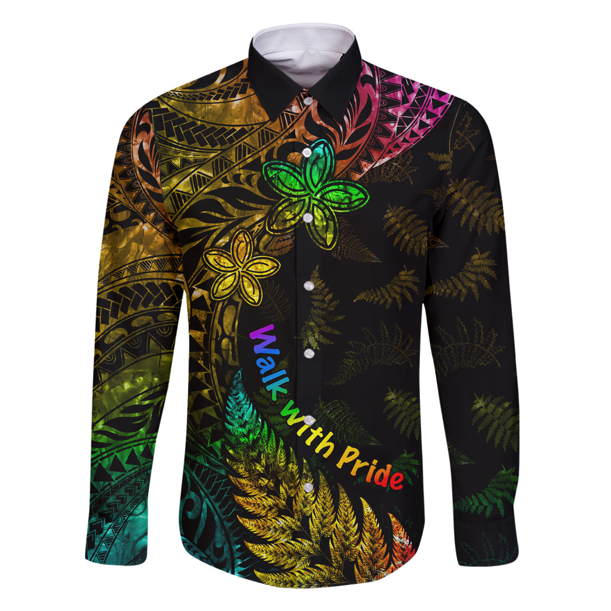 Personalised New Zealand Wellington Pride Family Matching Mermaid Dress and Hawaiian Shirt Rainbow Silver Fern Paua Shell LT05 Dad's Shirt - Long Sleeve Black - Polynesian Pride