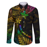 Personalised New Zealand Wellington Pride Family Matching Mermaid Dress and Hawaiian Shirt Rainbow Silver Fern Paua Shell LT05 Dad's Shirt - Long Sleeve Black - Polynesian Pride