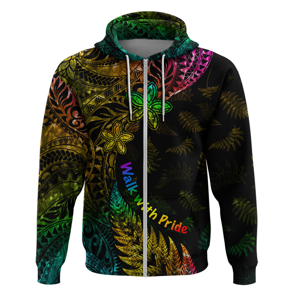 Personalised New Zealand Wellington Pride Hoodie Rainbow Silver Fern Paua Shell LT05 Zip Hoodie Black - Polynesian Pride