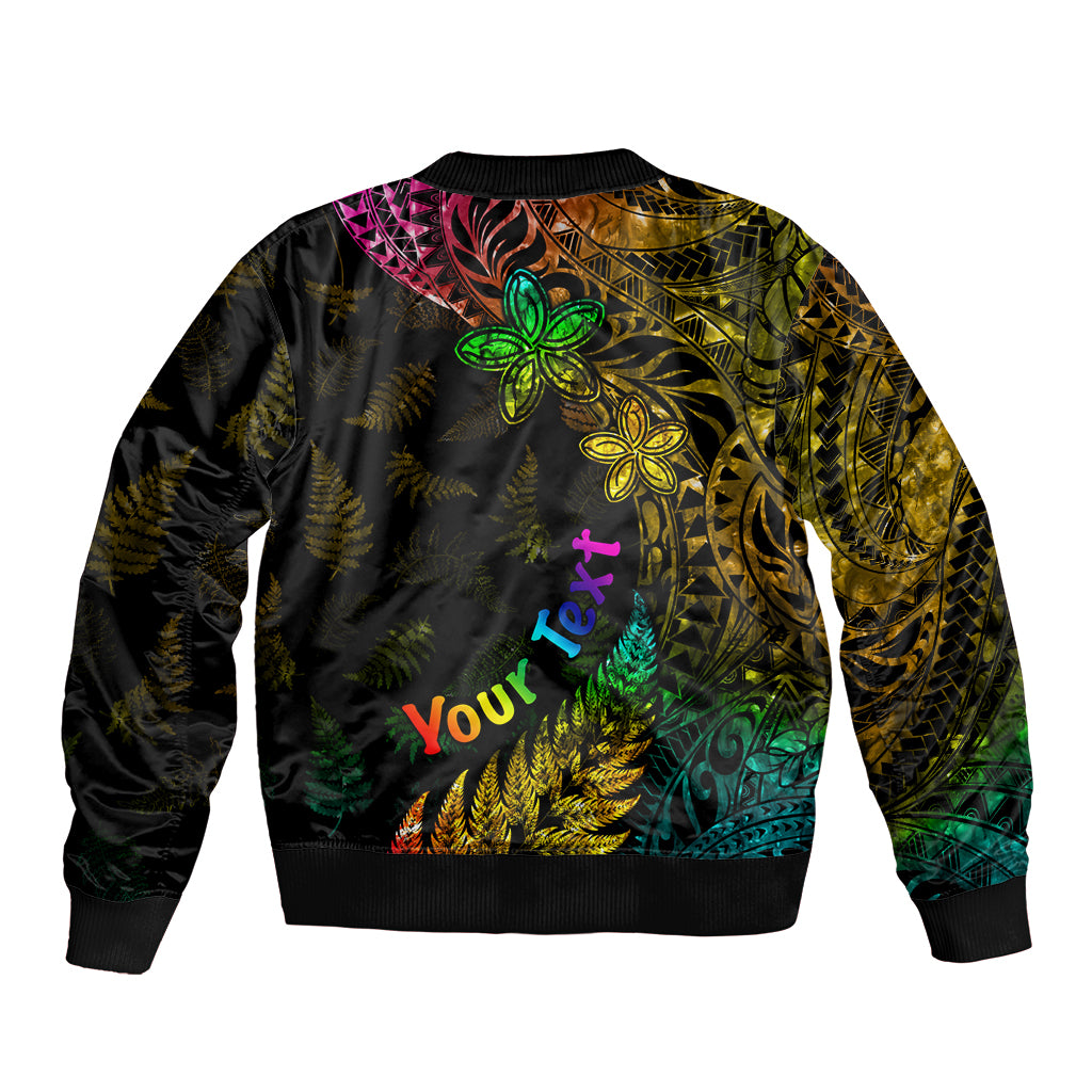 Personalised New Zealand Wellington Pride Sleeve Zip Bomber Jacket Rainbow Silver Fern Paua Shell LT05 - Polynesian Pride