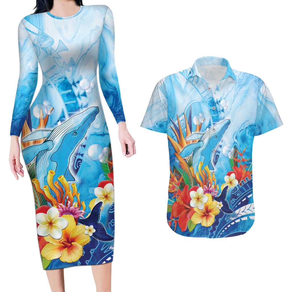 Polynesia Humpback Whale Couples Matching Long Sleeve Bodycon Dress and Hawaiian Shirt Ocean Style LT05 Blue - Polynesian Pride
