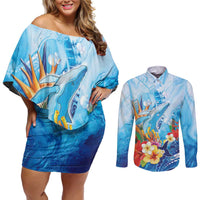 Polynesia Humpback Whale Couples Matching Off Shoulder Short Dress and Long Sleeve Button Shirt Ocean Style LT05 Blue - Polynesian Pride