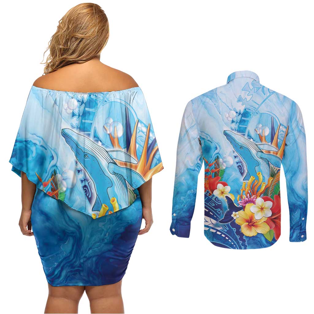 Polynesia Humpback Whale Couples Matching Off Shoulder Short Dress and Long Sleeve Button Shirt Ocean Style LT05 - Polynesian Pride