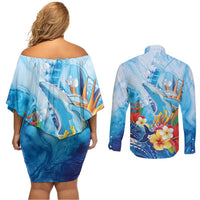 Polynesia Humpback Whale Couples Matching Off Shoulder Short Dress and Long Sleeve Button Shirt Ocean Style LT05 - Polynesian Pride