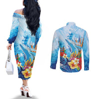 Polynesia Humpback Whale Couples Matching Off The Shoulder Long Sleeve Dress and Long Sleeve Button Shirt Ocean Style