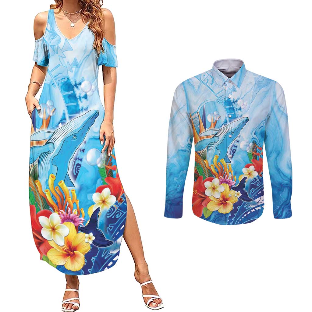Polynesia Humpback Whale Couples Matching Summer Maxi Dress and Long Sleeve Button Shirt Ocean Style LT05 Blue - Polynesian Pride