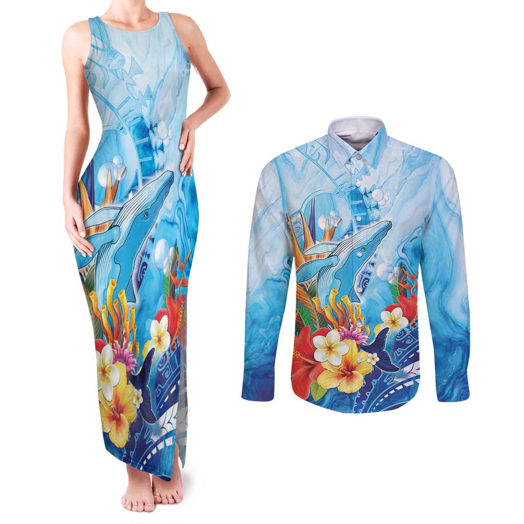 Polynesia Humpback Whale Couples Matching Tank Maxi Dress and Long Sleeve Button Shirt Ocean Style