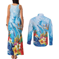 Polynesia Humpback Whale Couples Matching Tank Maxi Dress and Long Sleeve Button Shirt Ocean Style