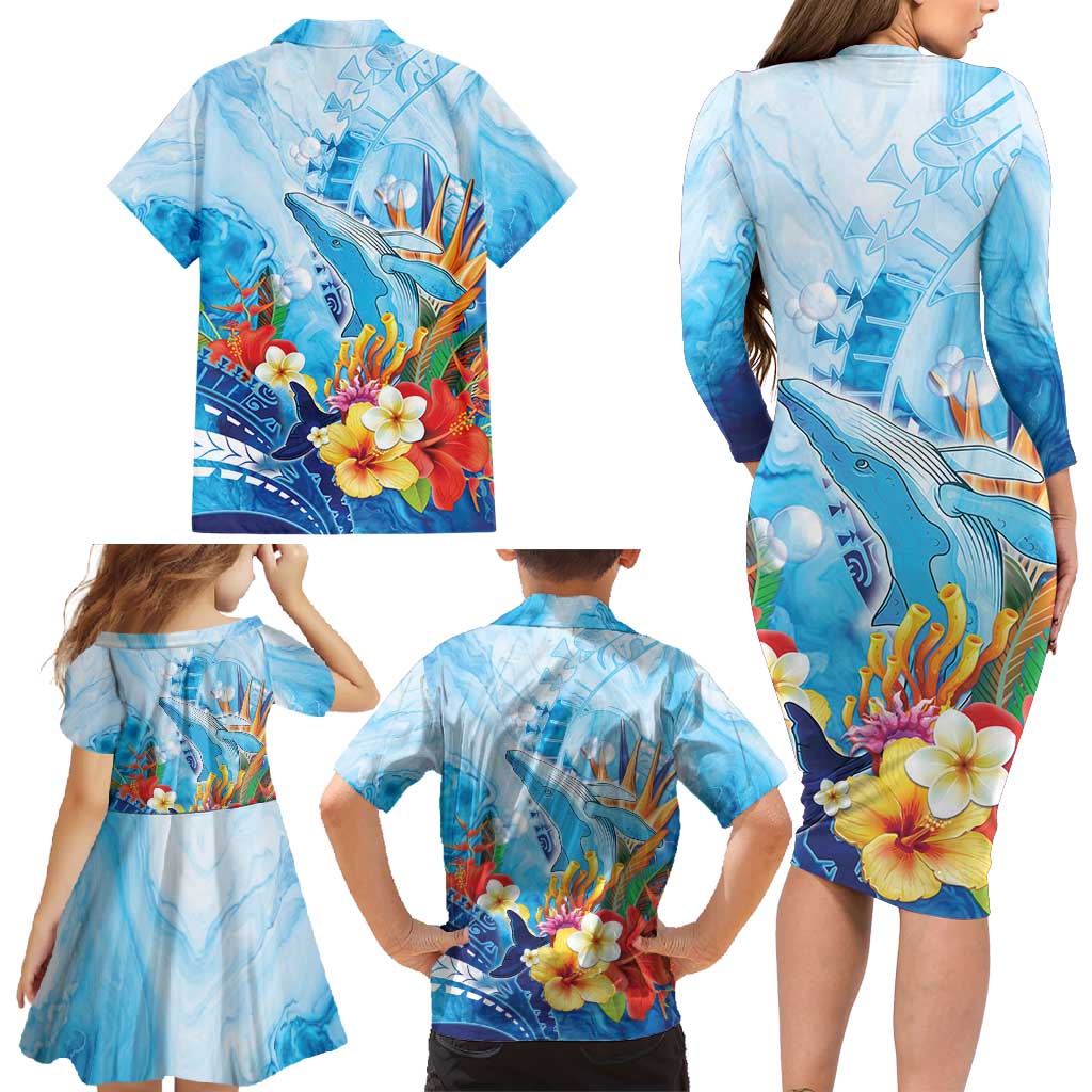 Polynesia Humpback Whale Family Matching Long Sleeve Bodycon Dress and Hawaiian Shirt Ocean Style LT05 - Polynesian Pride