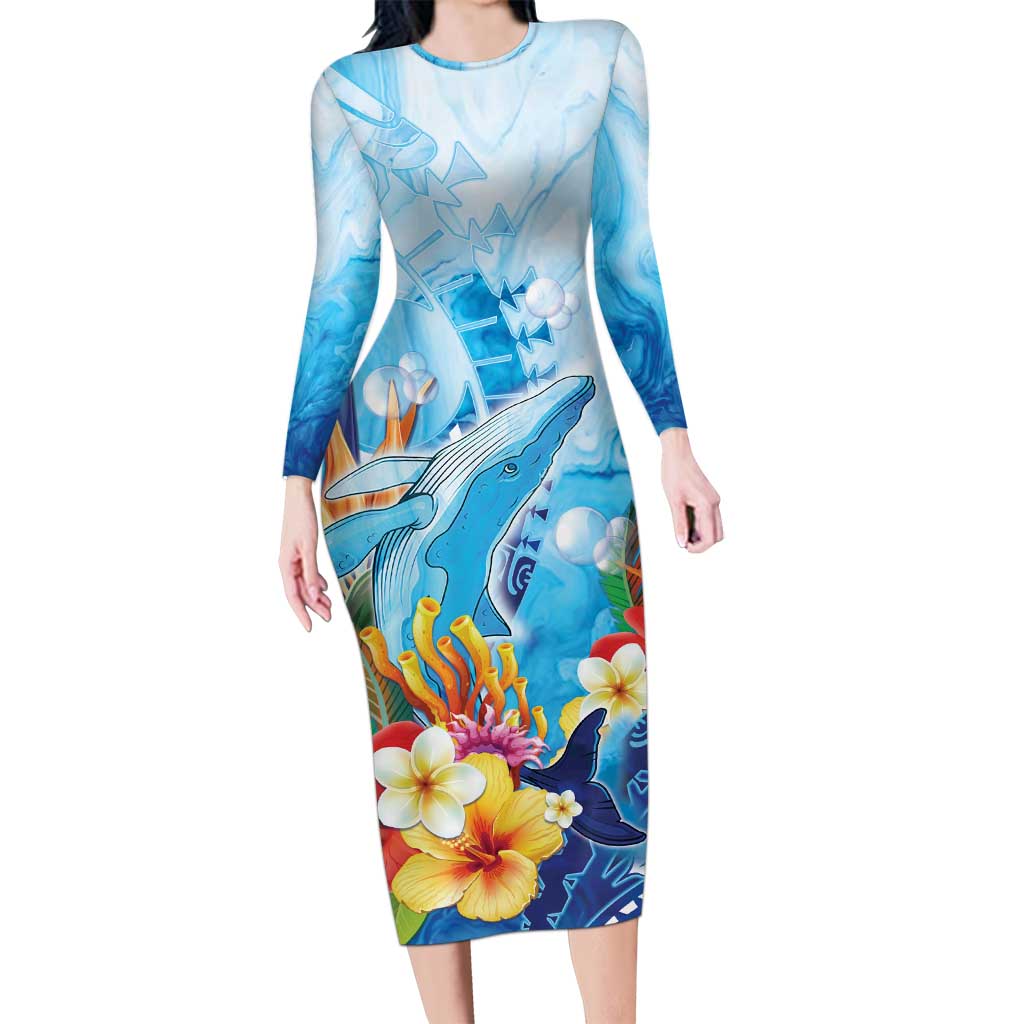 Polynesia Humpback Whale Family Matching Long Sleeve Bodycon Dress and Hawaiian Shirt Ocean Style LT05 Mom's Dress Blue - Polynesian Pride