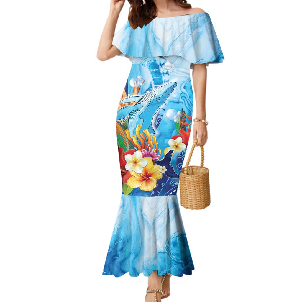 Polynesia Humpback Whale Family Matching Mermaid Dress and Hawaiian Shirt Ocean Style LT05 Mom's Dress Blue - Polynesian Pride
