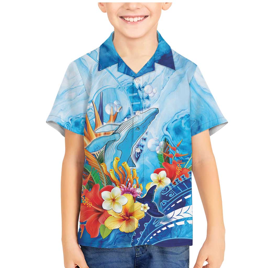 Polynesia Humpback Whale Family Matching Mermaid Dress and Hawaiian Shirt Ocean Style LT05 Son's Shirt Blue - Polynesian Pride