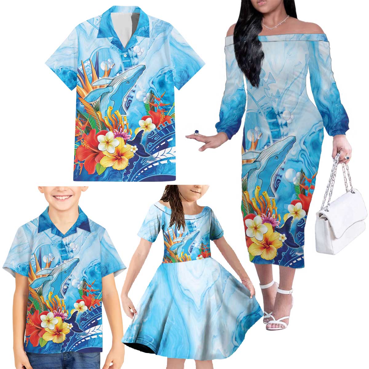 Polynesia Humpback Whale Family Matching Off The Shoulder Long Sleeve Dress and Hawaiian Shirt Ocean Style