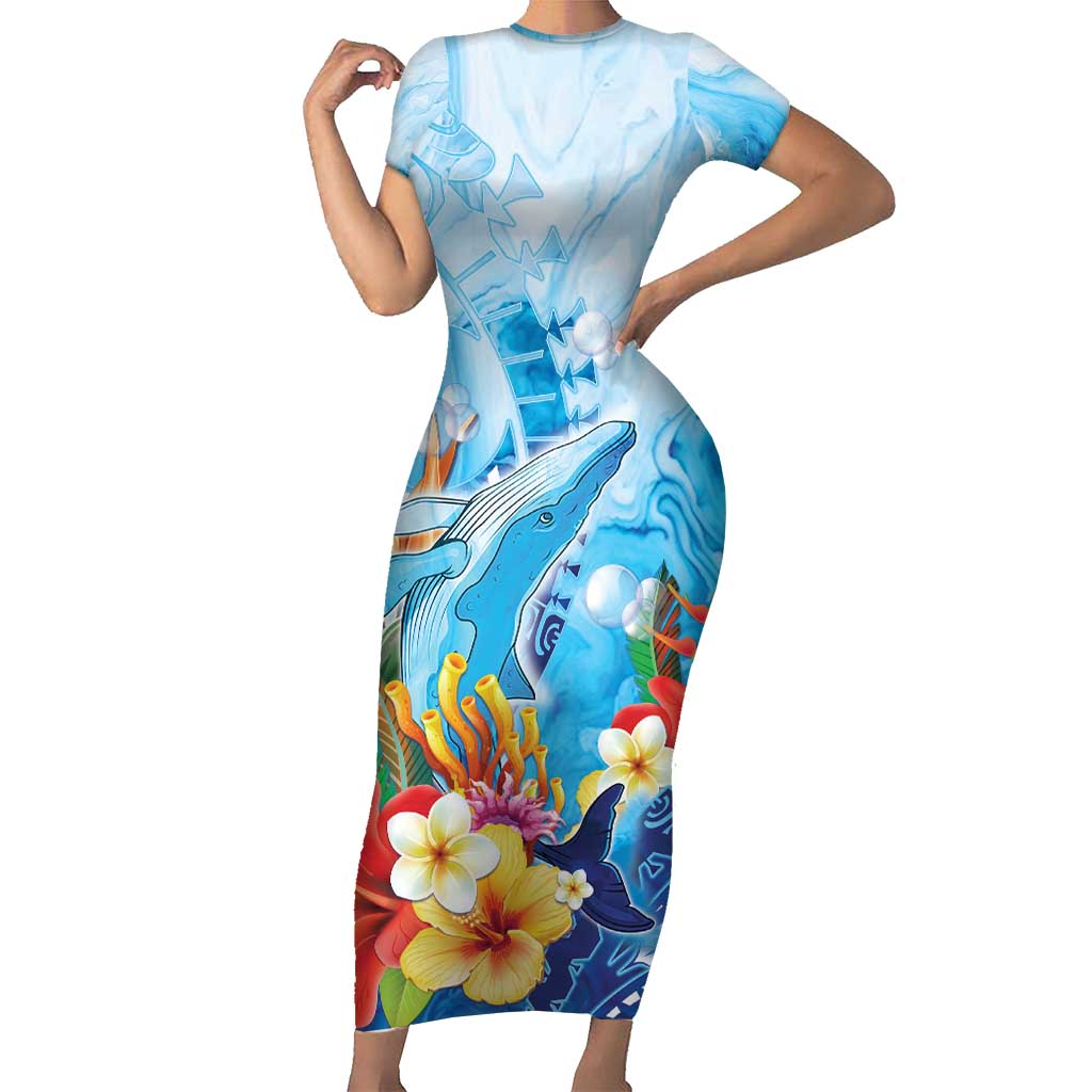 Polynesia Humpback Whale Family Matching Short Sleeve Bodycon Dress and Hawaiian Shirt Ocean Style LT05 Mom's Dress Blue - Polynesian Pride