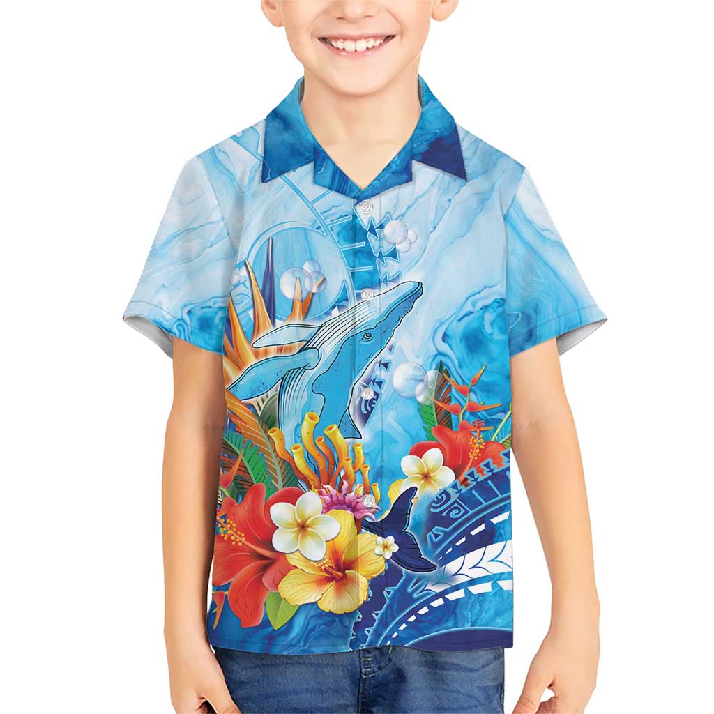 Polynesia Humpback Whale Family Matching Short Sleeve Bodycon Dress and Hawaiian Shirt Ocean Style LT05 Son's Shirt Blue - Polynesian Pride