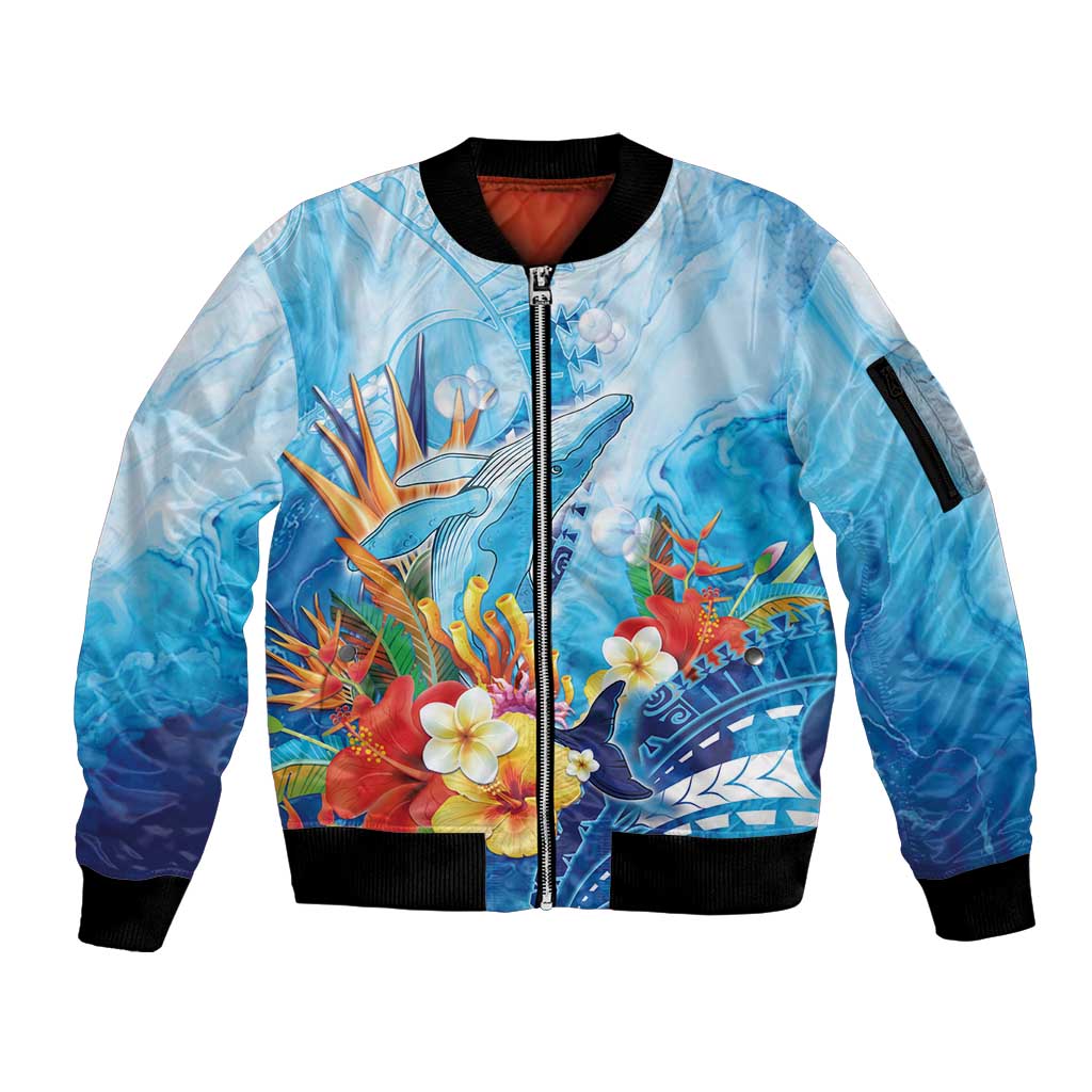 Polynesia Humpback Whale Sleeve Zip Bomber Jacket Ocean Style