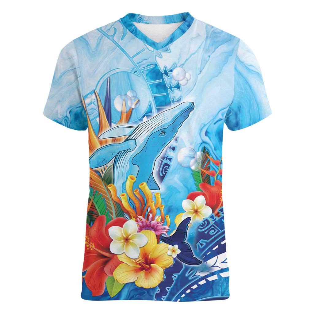 Polynesia Humpback Whale Women V-Neck T-Shirt Ocean Style LT05 Female Blue - Polynesian Pride