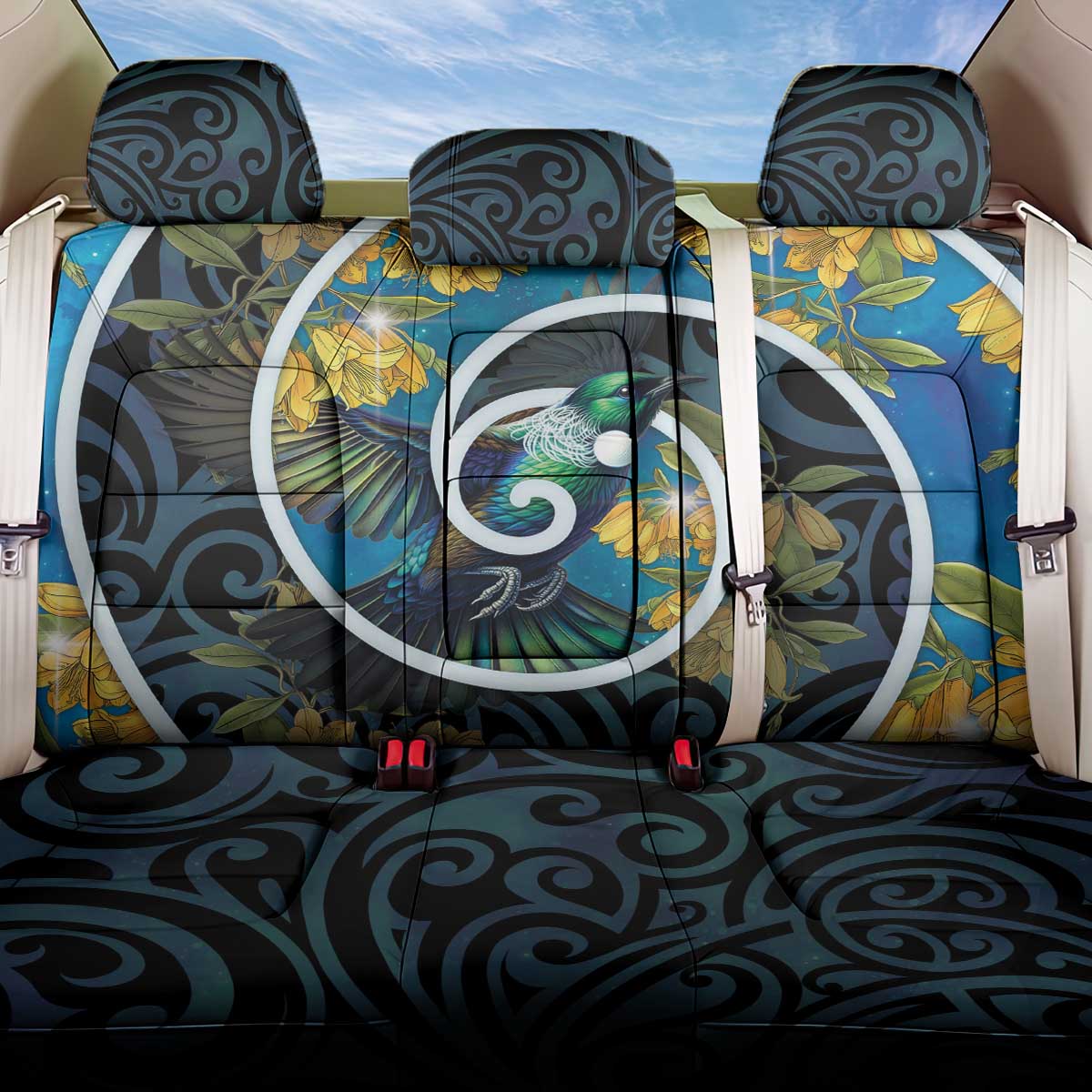 New Zealand Tui Bird Back Car Seat Cover Maori Koru With Kowhai Flowers