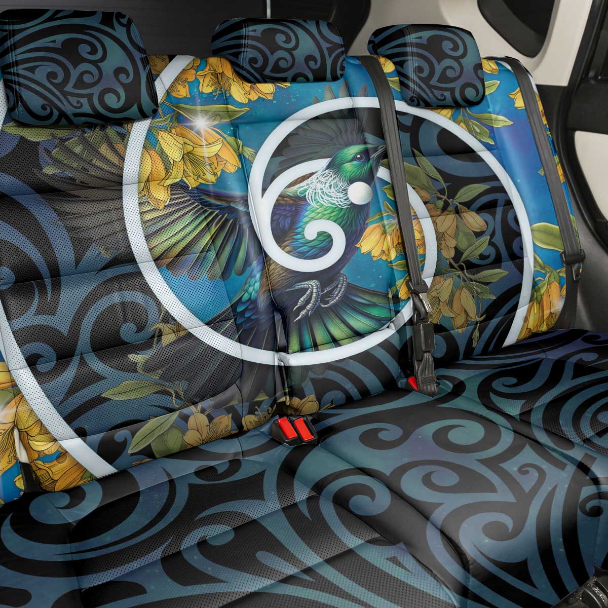 New Zealand Tui Bird Back Car Seat Cover Maori Koru With Kowhai Flowers