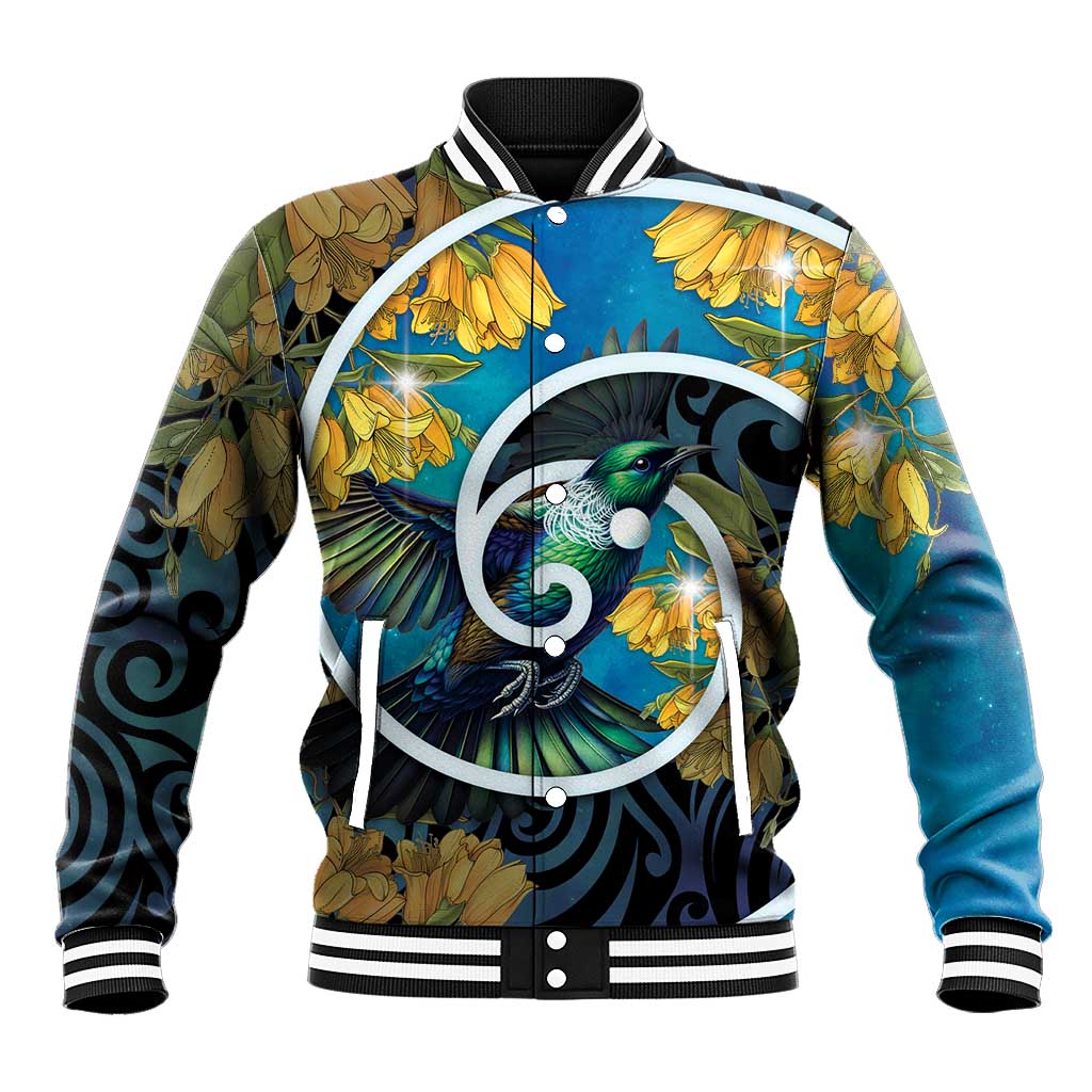 New Zealand Tui Bird Baseball Jacket Maori Koru With Kowhai Flowers