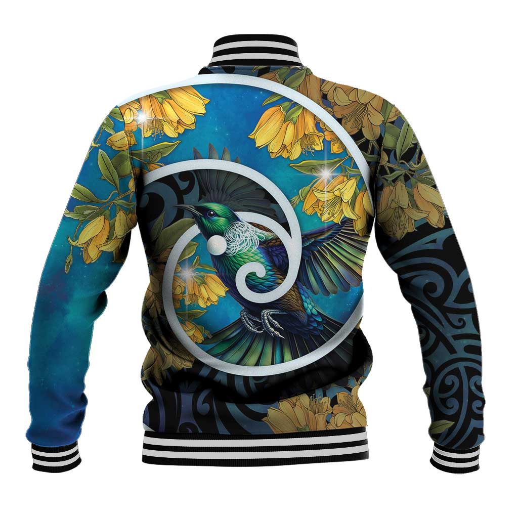 New Zealand Tui Bird Baseball Jacket Maori Koru With Kowhai Flowers