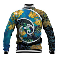 New Zealand Tui Bird Baseball Jacket Maori Koru With Kowhai Flowers