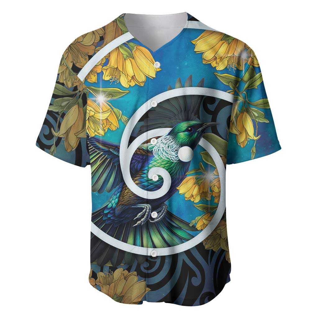 New Zealand Tui Bird Baseball Jersey Maori Koru With Kowhai Flowers