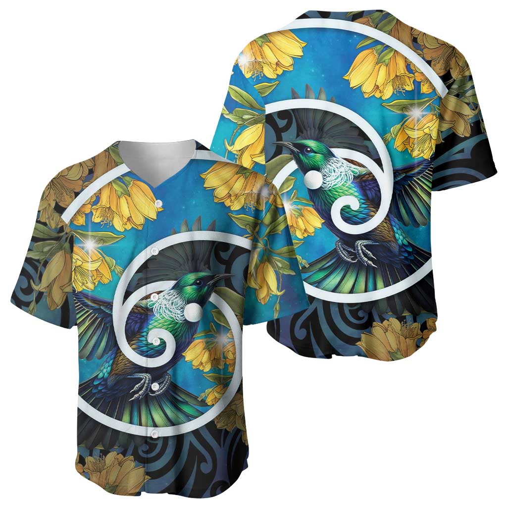 New Zealand Tui Bird Baseball Jersey Maori Koru With Kowhai Flowers