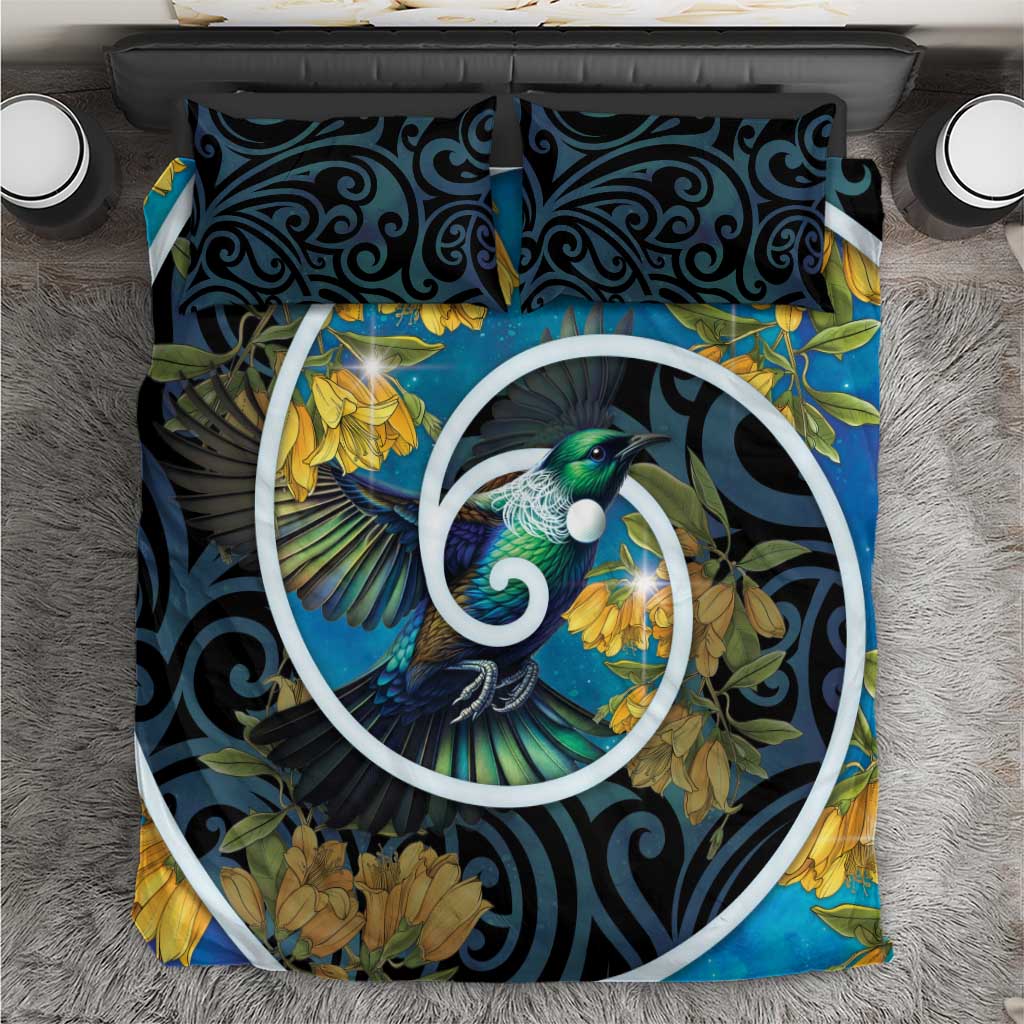 New Zealand Tui Bird Bedding Set Maori Koru With Kowhai Flowers
