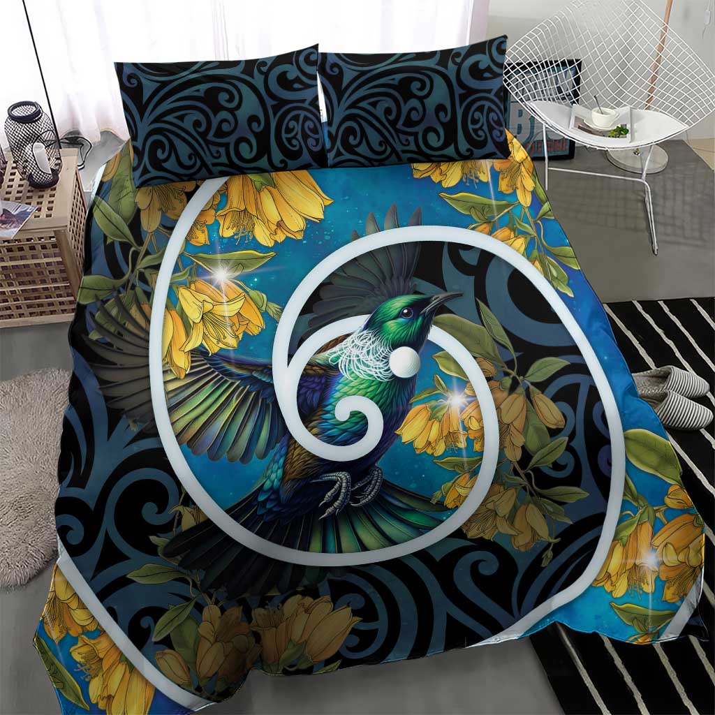 New Zealand Tui Bird Bedding Set Maori Koru With Kowhai Flowers