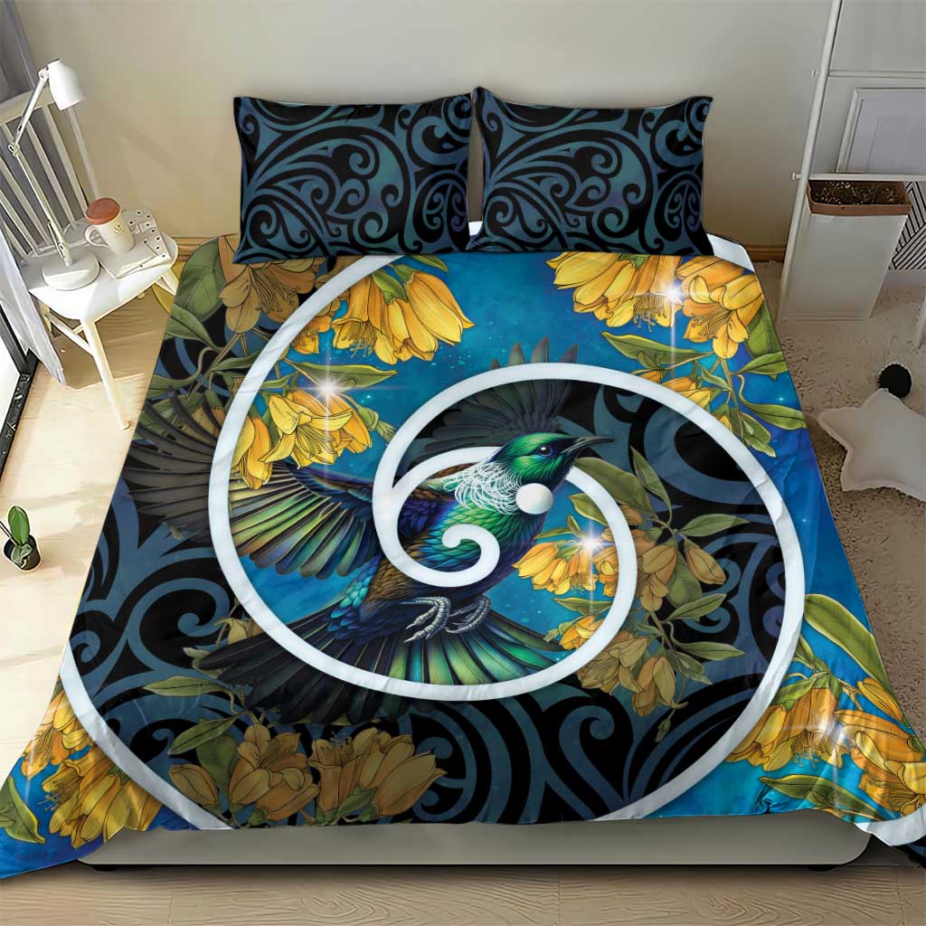 New Zealand Tui Bird Bedding Set Maori Koru With Kowhai Flowers