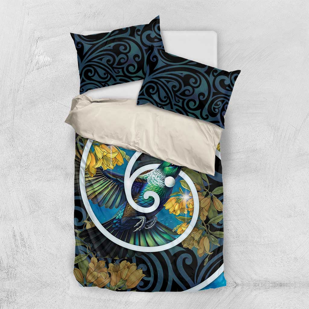 New Zealand Tui Bird Bedding Set Maori Koru With Kowhai Flowers