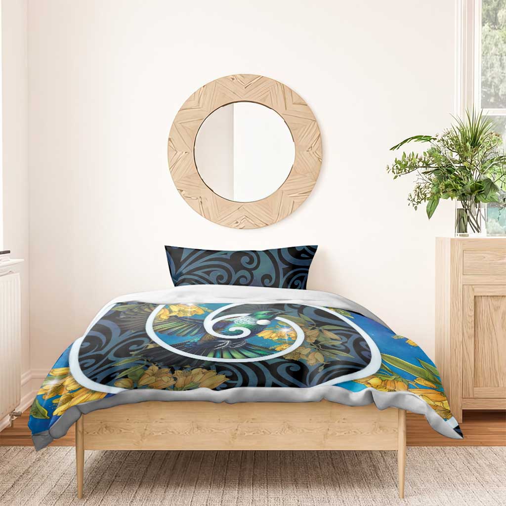 New Zealand Tui Bird Bedding Set Maori Koru With Kowhai Flowers