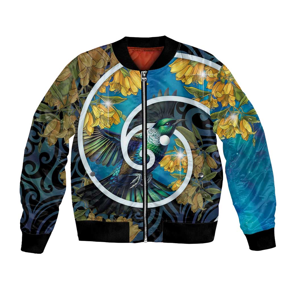 New Zealand Tui Bird Bomber Jacket Maori Koru With Kowhai Flowers