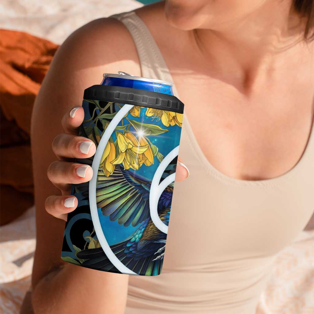 New Zealand Tui Bird 4 in 1 Can Cooler Tumbler Maori Koru With Kowhai Flowers
