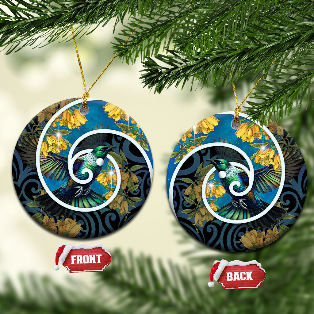 New Zealand Tui Bird Ceramic Ornament Maori Koru With Kowhai Flowers
