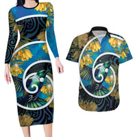 New Zealand Tui Bird Couples Matching Long Sleeve Bodycon Dress and Hawaiian Shirt Maori Koru With Kowhai Flowers LT05 Black - Polynesian Pride