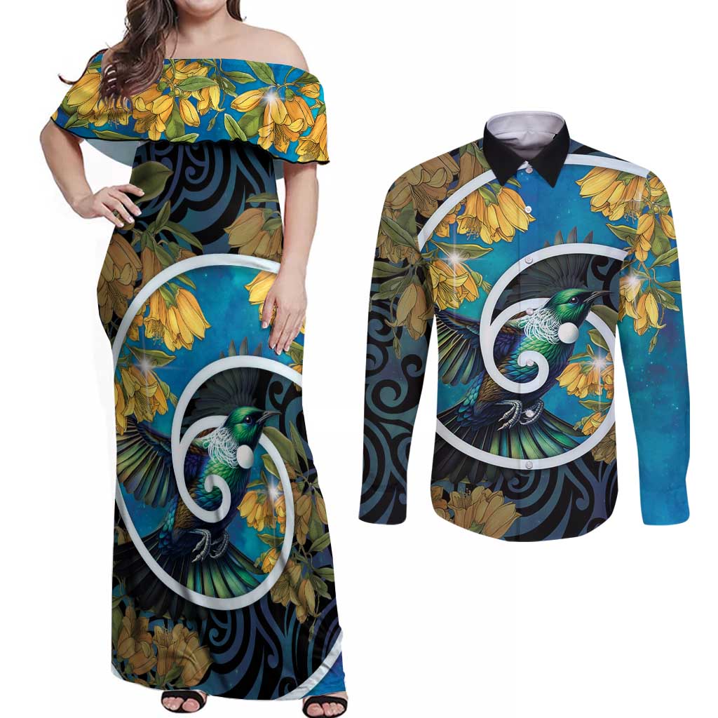 New Zealand Tui Bird Couples Matching Off Shoulder Maxi Dress and Long Sleeve Button Shirt Maori Koru With Kowhai Flowers