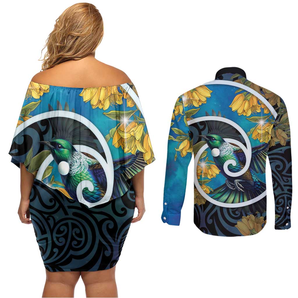 New Zealand Tui Bird Couples Matching Off Shoulder Short Dress and Long Sleeve Button Shirt Maori Koru With Kowhai Flowers