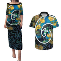 New Zealand Tui Bird Couples Matching Puletasi and Hawaiian Shirt Maori Koru With Kowhai Flowers LT05 Black - Polynesian Pride