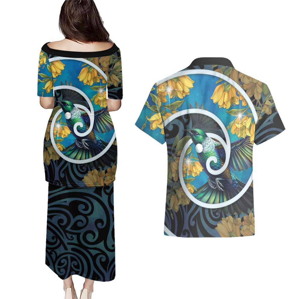 New Zealand Tui Bird Couples Matching Puletasi and Hawaiian Shirt Maori Koru With Kowhai Flowers LT05 - Polynesian Pride