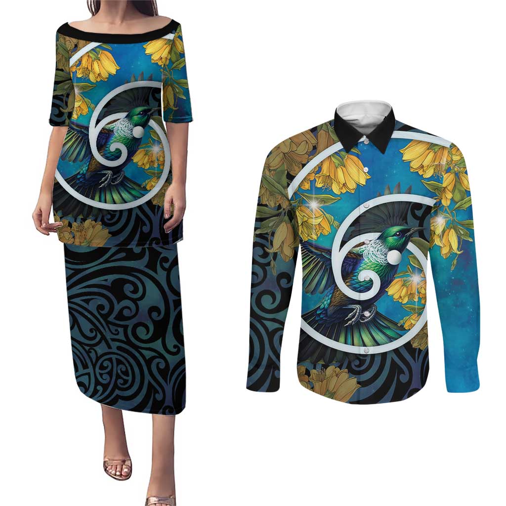 New Zealand Tui Bird Couples Matching Puletasi and Long Sleeve Button Shirt Maori Koru With Kowhai Flowers