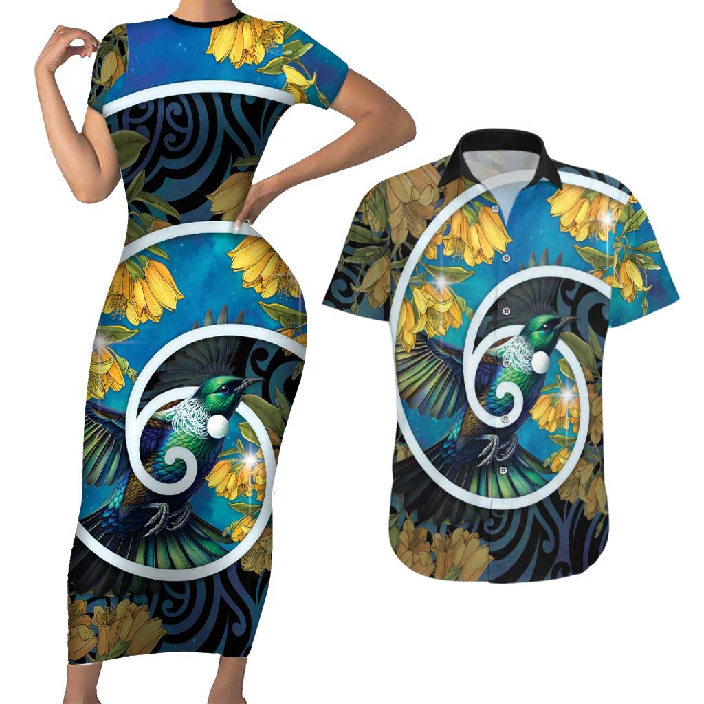 New Zealand Tui Bird Couples Matching Short Sleeve Bodycon Dress and Hawaiian Shirt Maori Koru With Kowhai Flowers