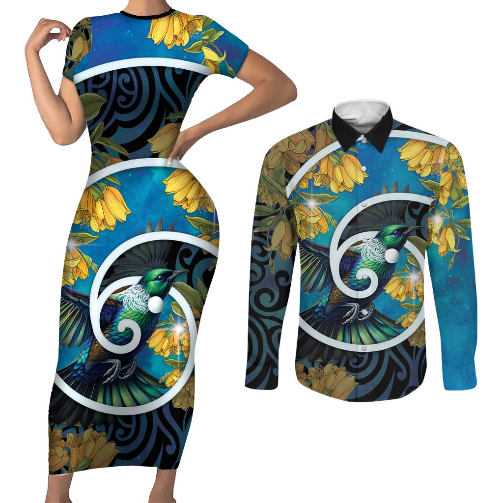 New Zealand Tui Bird Couples Matching Short Sleeve Bodycon Dress and Long Sleeve Button Shirt Maori Koru With Kowhai Flowers