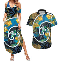 New Zealand Tui Bird Couples Matching Summer Maxi Dress and Hawaiian Shirt Maori Koru With Kowhai Flowers LT05 Black - Polynesian Pride