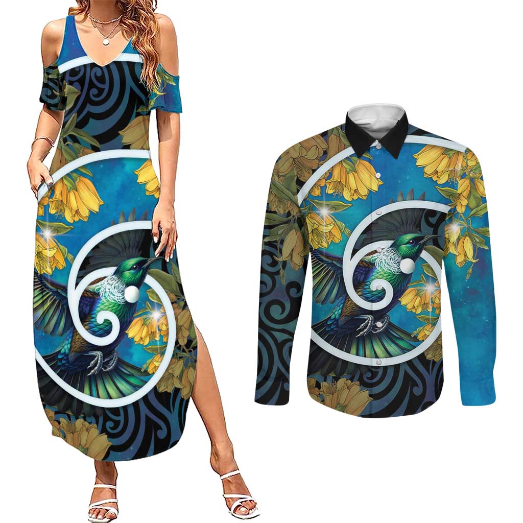 New Zealand Tui Bird Couples Matching Summer Maxi Dress and Long Sleeve Button Shirt Maori Koru With Kowhai Flowers LT05 Black - Polynesian Pride