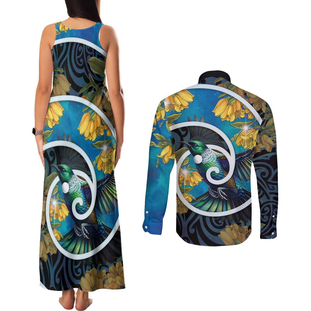 New Zealand Tui Bird Couples Matching Tank Maxi Dress and Long Sleeve Button Shirt Maori Koru With Kowhai Flowers LT05 - Polynesian Pride