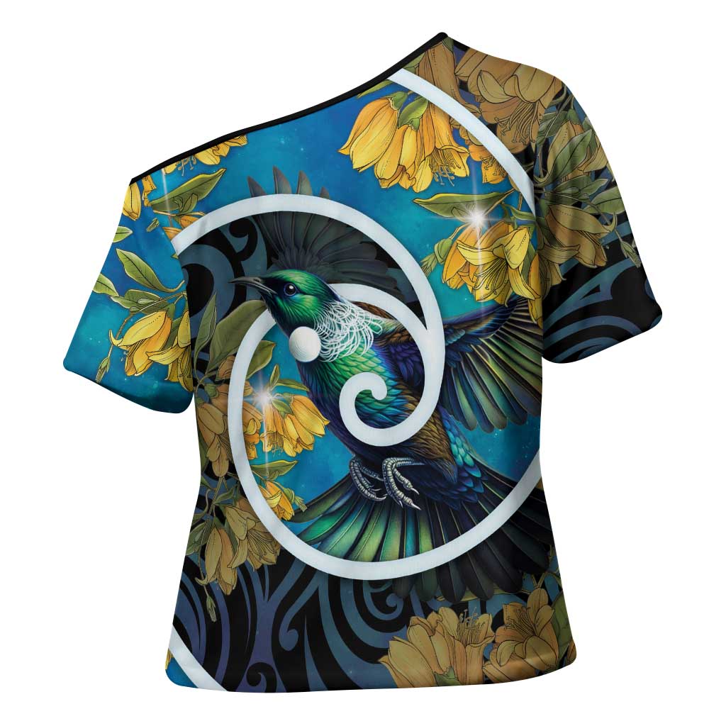 New Zealand Tui Bird Cross Shoulder Shirt Maori Koru With Kowhai Flowers LT05 - Polynesian Pride
